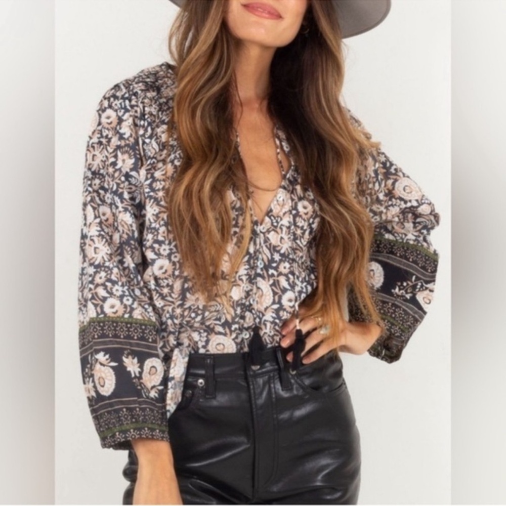 Cleobella Hazel Floral Boho Peasant Blouse tassel organic cotton sz S